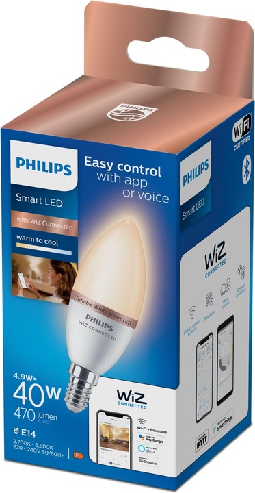 Actual product image Philips WFB 40W C37 E14 927-65 TW 1PF/6 (E14, 4.90 W, 470 lm, 1 x, F)