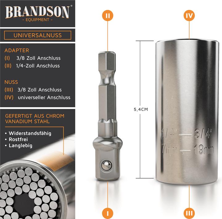 Produktbild Brandson Steckschlüssel, Universal Schlüssel, Multifunktions Nuss Bit Adapter, Universalnuss 7-19mm + Adapter (1/2")