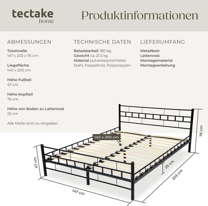 Image du produit tectake Metallbett (200 x 140 cm)