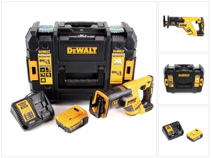 1x DeWalt DCS367 P1 cordless reciprocating saw, 1x Dewalt DCB184 5.0 Ah Li-Ion battery, 1x Dewalt DCB113 charger, 1x DeWalt TSTAK