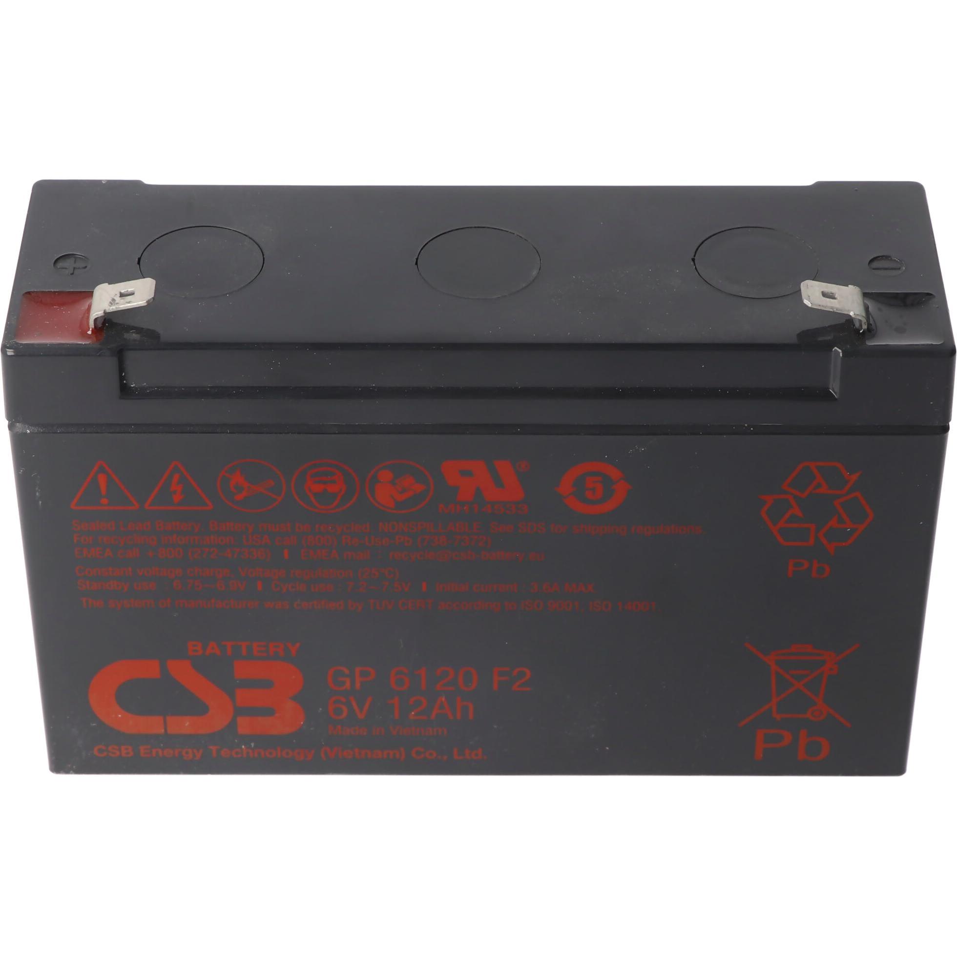 Thumbnail - CSB, Versorgungsbatterie, GP6120F2 6 Volt 12 Ah 151mm x 50mm x 100mm CSB-GP6120F2 Bleiakku mit 6,3mm Fast-On Kontakte (1...