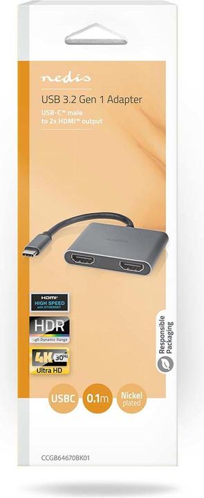 Produktbild Nedis USB Multi-Port-Adapter | USB 3.2 Gen 1 | USB-C™ Stecker | 2x HDMI™ | 0.10 m | Rund | Vernickel (USB Typ-C, 10 cm)