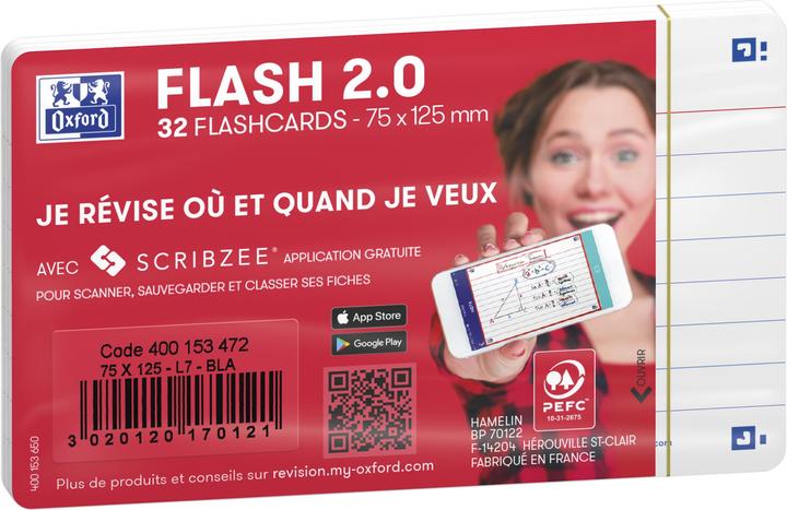 Produktbild Oxford Fiches bristol FLASH 2.0, A7, lign‚, blanc (A7, 250 g/m², 32 x)