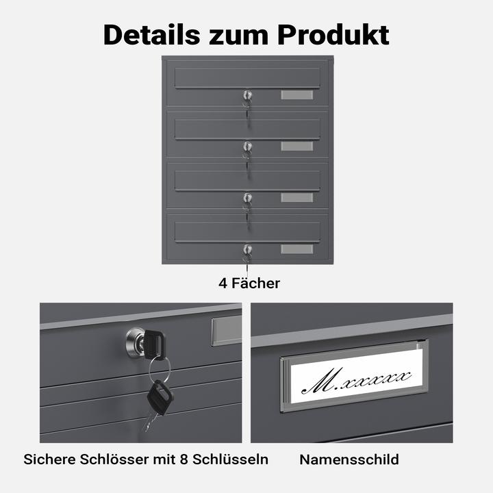 Produktbild Wiltec 4er Briefkastenanlage Anthrazit 270x513x1500mm Standbriefkasten Post