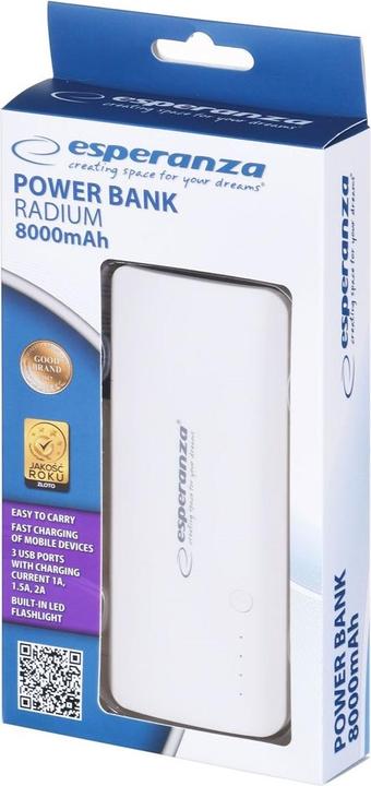 Produktbild Esperanza EMP106WE Radium - Grau - Weiss - Universal - Rechteck - 8000 mAh - USB - 5 V (8000 mAh, 29.60 Wh)