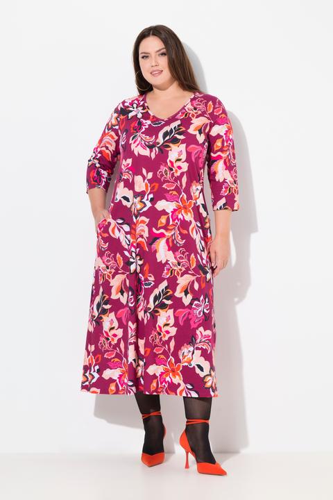 Actual product image Ulla Popken Floral Pink Jersey 3/4 Sleeve V-Neck Dress (46, 48)