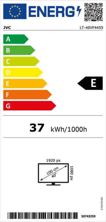 Energie-Label JVC 40 Zoll Fernseher LT-40VF4455 - Full HD Fernseher mit 102 cm Bildschirmdiagonale & Triple-Tuner (40", LED, Full HD, 2025)
