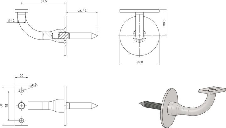 Image du produit Halcö Support de main courante rond avec vis à double filetage, distance du mur 78mm, laqué noir RAL9005 (Fer galvanisé peint en noir RAL 9005)