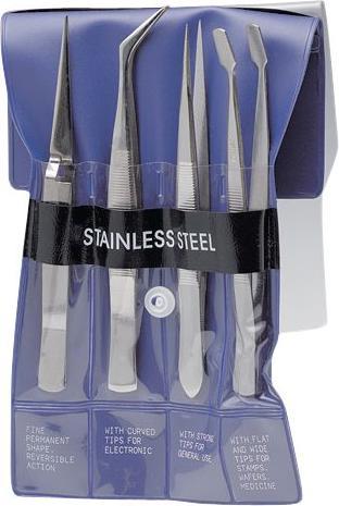 Produktbild RND Präzisionspinzettenset, 4 Stück, Scharf / Flach / Abgewinkelt / Schmal und spitz, Edelstahl