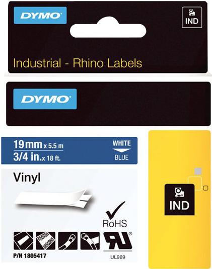 Produktbild Dymo Rhino 19mm weiß auf blau Vinyl (1.90 cm, Blau)