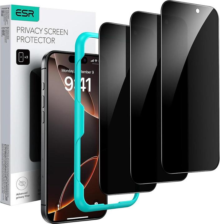 ESR - Privacy Tempered Glass (3 pack) - iPhone 17 / iPhone 16 Pro - Black (3 Stück, Apple iPhone 16 Pro, Apple iPhone 17)