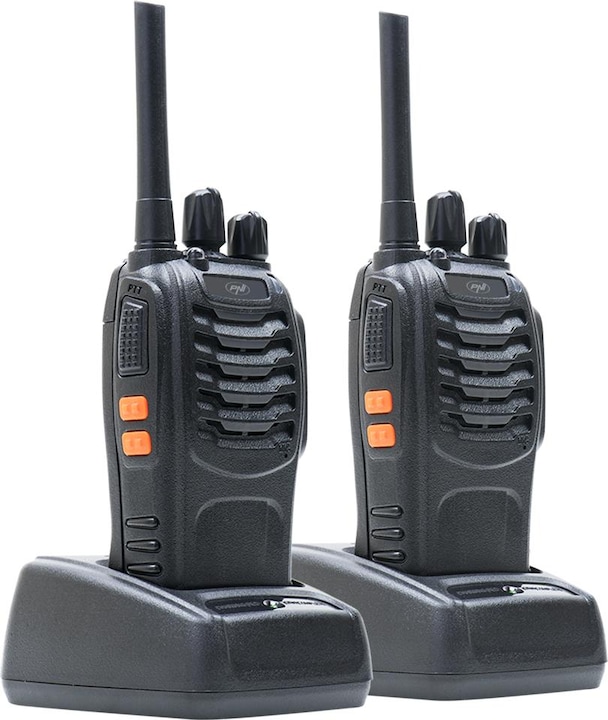 Produktbild PNI Packung mit 6 tragbaren PMR R40 PRO-Radios, Batterien, Ladegeräten und Kopfhörern im Lieferumfan