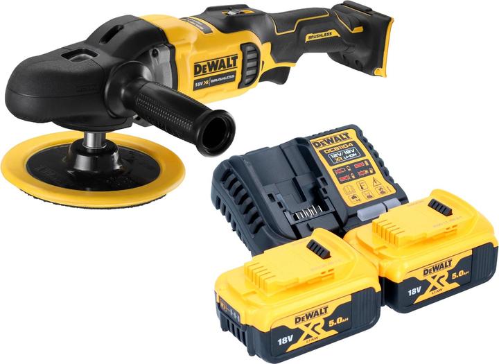1x DeWalt DCM 849 Akku Exzenter Poliermaschine, 1x Zusatzhandgriff, 2x DeWalt DCB 184 18 V 5,0 Ah Akku, 1x DeWalt Ladegerät