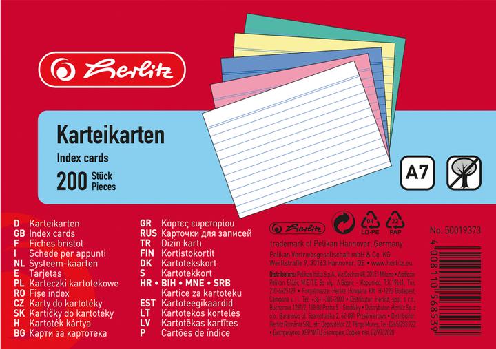 Produktbild Herlitz Karteikarten, DIN A7, liniert, farbig sortiert aus Papier, 170 g/qm, holzfrei, Linienfarbe: blau (A7, 175 g/m², 200 x)