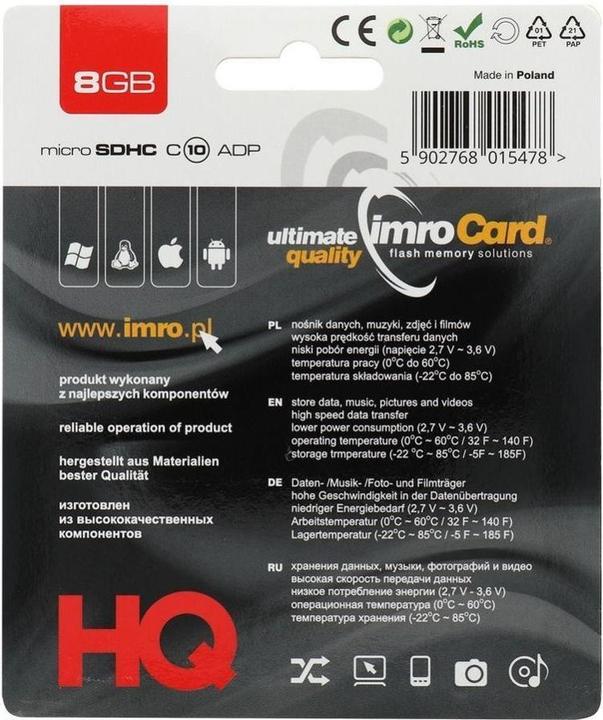 Produktbild IMRO 10/8G ADP Speicherkarte 8 GB MicroSDHC Klasse 10 (8 GB, microSDHC, U1, UHS-I)
