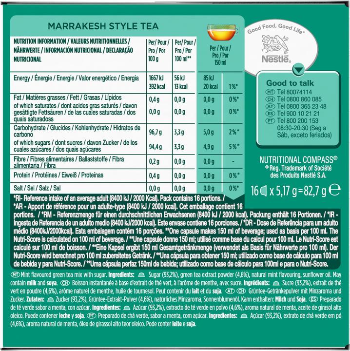 Nährwerte und Zutaten Nescafé Dolce Gusto Marrakesh Style Tea (116 g)