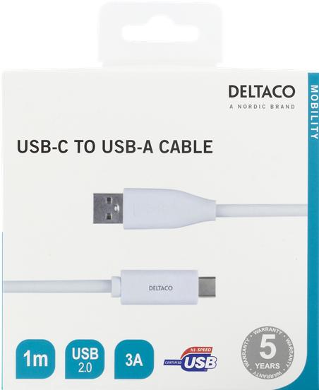 Produktbild Deltaco USB-C till USB-A kabel 1m 3A USB 2.0 vit (1 m, USB 2.0)