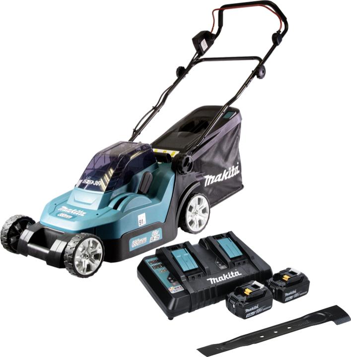 Actual product image Makita DLM 382 PT2 Battery lawn mower 36 V ( 2x 18 V ) 38 cm 40 l + 2x battery 5.0 Ah + dual charger + (Rechargeable battery operated)