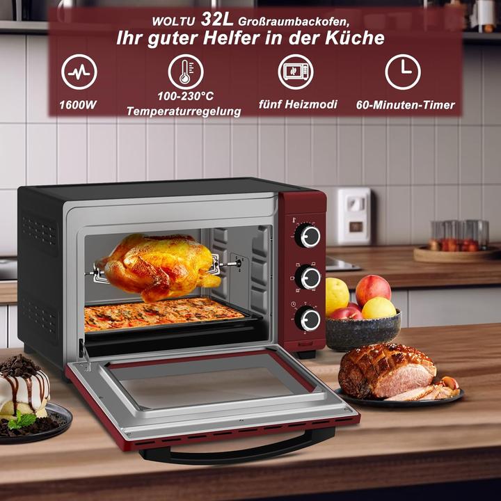 Produktbild Woltu Mini Backofen 32 Liter, Schwarz+rot
