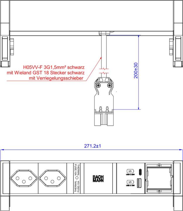 Actual product image Bachmann DESK 2 table socket strip, 2x T13, 1x USB A/C (2 x, Type 13, 0.20 m)