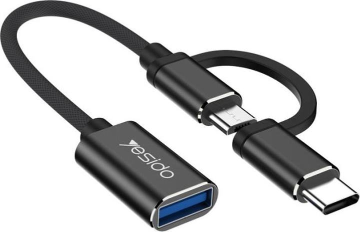 Image du produit Yesido - OTG Cable Adapter 2in1 (GS02) - Type-C, Micro-USB to USB 3.0, Plug & Play, 5Gbps - Black (Micro USB, USB-C, USB-A)