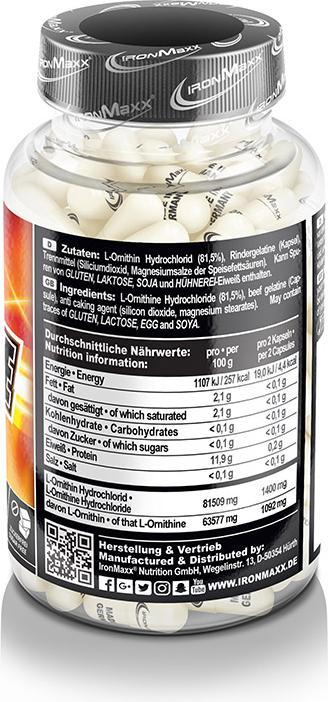 Nährwerte und Zutaten IronMaxx Ornithin (130 Stück, Kapseln, 111 g)