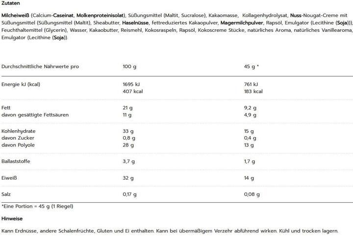 Nährwerte und Zutaten Maxi Nutrition MAXI N. Proteinriegel 125482 DarkCocolate Coconut 12x45g (12 Stk., 540 g)