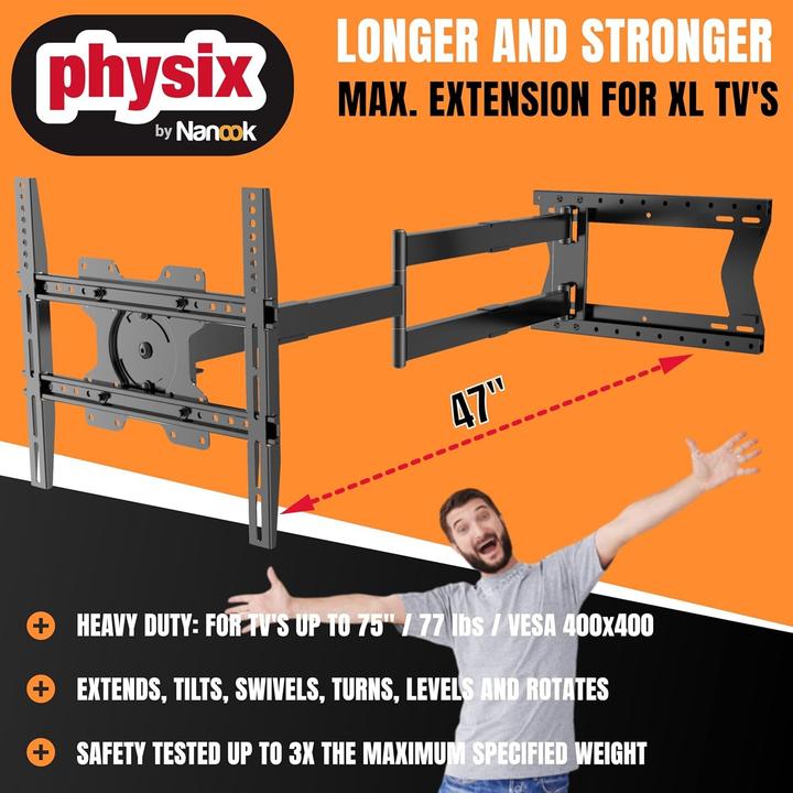 Produktbild Physix Extra lange Vollbewegliche TV-Wandhalterung mit 180-Grad-Schwenk (Wand, 31.75 kg, 32" - 75")