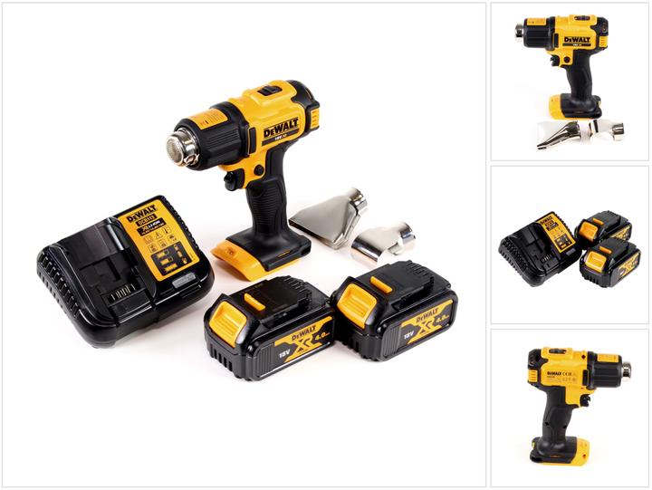 1x DeWalt DCE 530 N Akku Heissluftpistole 18V, 1x Flächendüse, 1x Reflektordüse, 2x Akku 4,0Ah, 1x Ladegerät