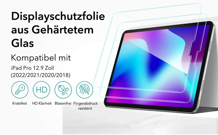 Immagine prodotto ESR Protezione del display in vetro temperato (1 Pezzo/i, iPad Pro 12.9 2020 (4. Gen), iPad Pro 12,9 2022 (6a generazione), iPad Pro 12.9 2021 (5a generazione), iPad Pro 12.9 2018 (3. Gen))
