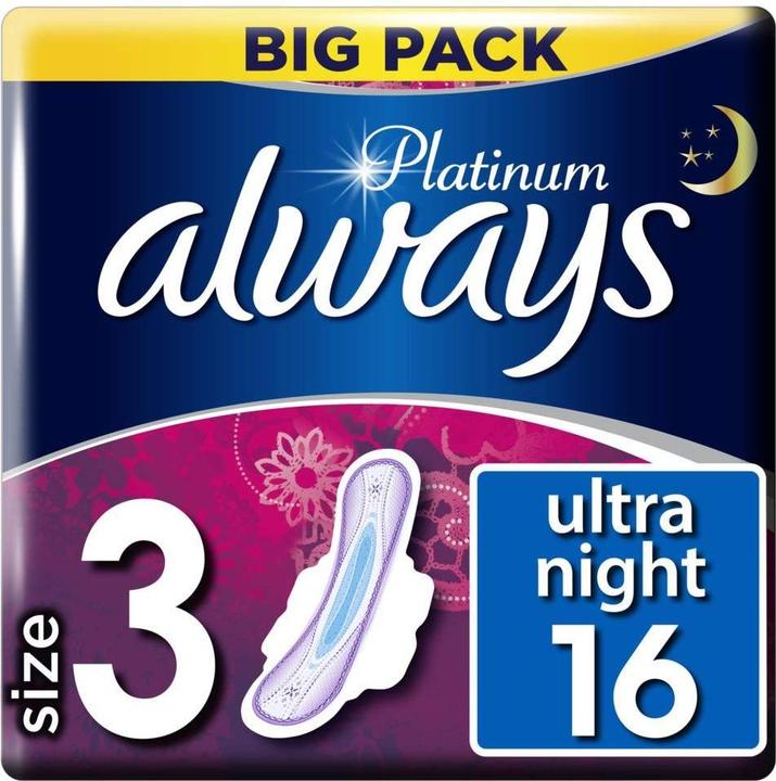 Image du produit Always Serviettes hygiéniques Platinum Night Taille 3 avec ailettes 16ct (16x)