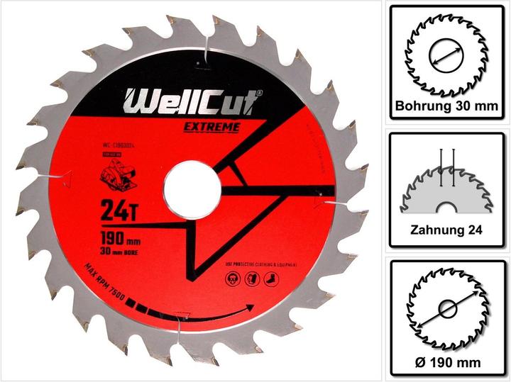 Produktbild Wellcut Kreissägeblatt WC-C1903024 TCT 190 x 2,4 x 30 mm 24 Zähne für Holz