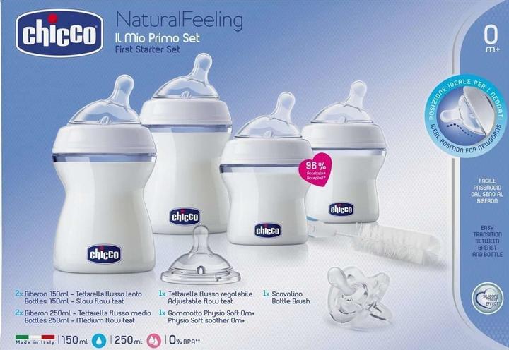 Immagine prodotto Chicco Starter Set NATURAL FEELING 2x150ml 2x250ml 1 tétine 1 Physioforma Soft 1 set di guanti UNI 0m+ (150 ml)