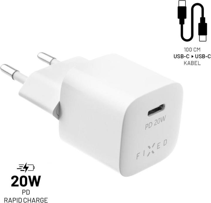 Produktbild Fixed Mini Travel Charger 20W+ USB-C/USB-C Cable, White (20 W)