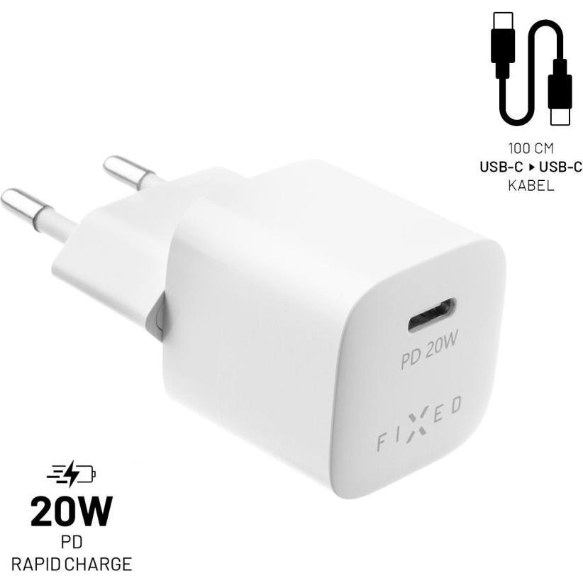 Thumbnail - Fixed Mini Travel Charger 20W+ USB-C/USB-C Cable, White (20 W), USB Ladegerät, Weiss