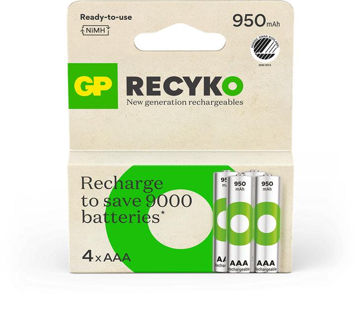 Produktbild GP Batteries GP ReCyko Rechargeable Battery, Size AAA, 950 mAh, 4-pack (1 Stk., AAA / LR03 / Micro / R03 / AM4 / MN2400 / KR03, 950 mAh)