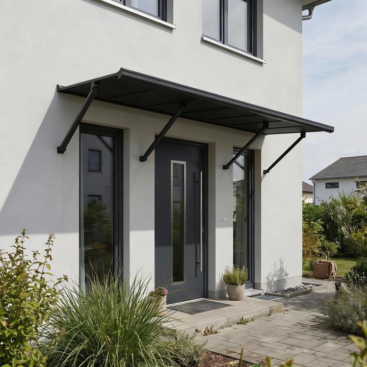 Actual product image Palram Canopia | Augustine 8.5ft Door Awning Black Structure / Opaque Grey Panels