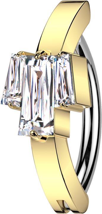 Produktbild Star Piercing Banane klappbar vergoldet Schild drei Baguette Kristall silber (Messing, Chirurgenstahl 316L)