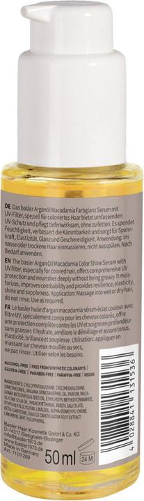 Nährwerte und Zutaten Basler Arganöl Macadamia Farbglanz Serum (50 ml)