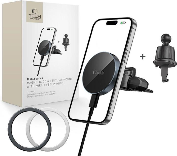 Tech-Protect Mm15w-V5 Magnetic Magsafe CD & Vent Car Mount Wireless Charger 15w Black/Black