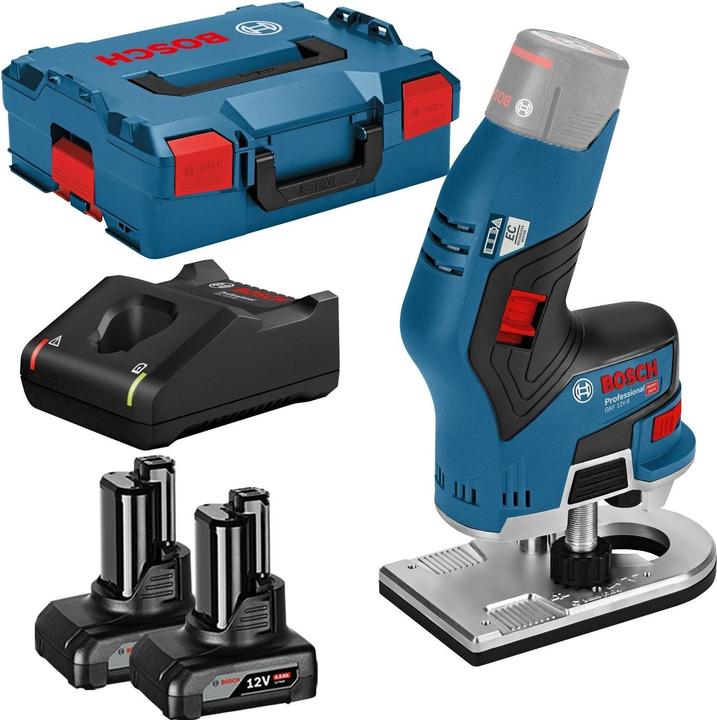 Produktbild Bosch Hausgeräte Akku-Kantenfräse GKF 12V-8 12 V / 2x 4,0 Ah Akku + Ladegerät inkl. 2x Fräser in L (Kantenfräse)
