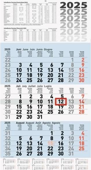 Produktbild 3-Monatskalender Wandkalender 30x56cm einteilig 2025 (30 x 56 cm, Kein Einband, Englisch, Französisch, Italienisch, Spanisch, Deutsch)