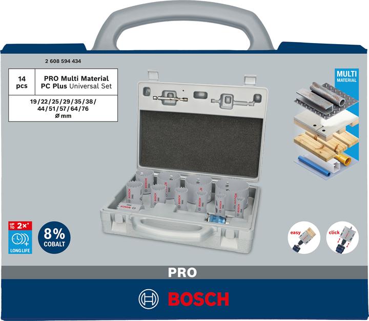Immagine prodotto Bosch Professional Zubehör Set di seghe a tazza PRO Multi Material PC Plus, 14 pezzi. (29 mm, 19 mm, 57 mm, 76 mm, 35 mm, 25 mm, 44 mm, 51 mm, 64 mm, 22 mm, 38 mm)