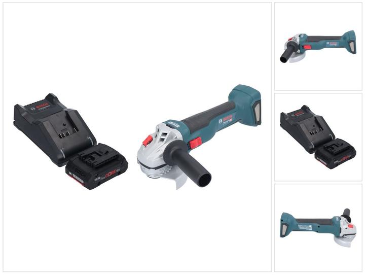 1x Bosch GWS 18V-10 Professional Meuleuse d'angle sans fil, 1x écrou de serrage rapide, 1x capot de protection, 1x flasque de fixation, 1x Bosch GBA 18 V 4,0 Ah ProCORE Batterie à insertion, 1x Bosch GAL 18V-40 Chargeur de batterie