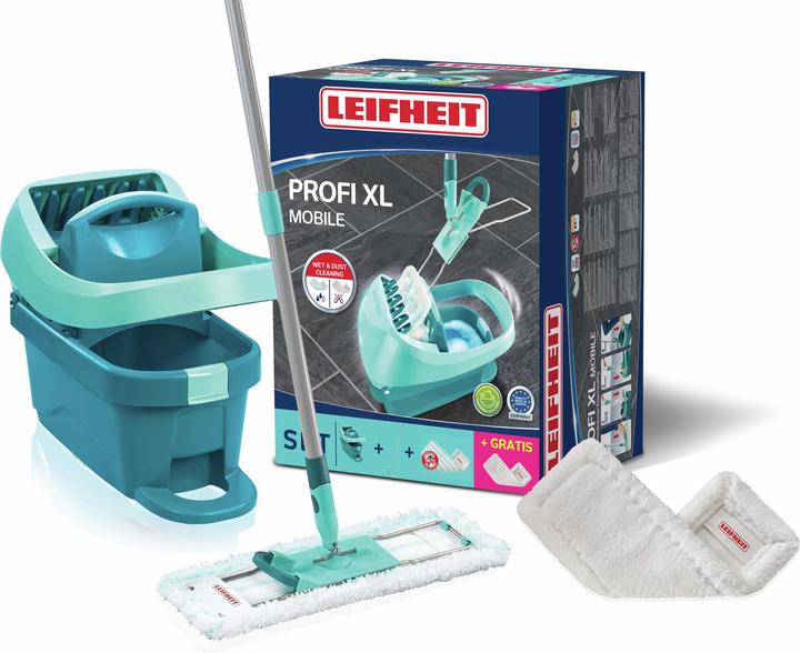 Produktbild Leifheit Set Wischtuchpresse Profi XL mit Rollen, Bodenwischer mit micro duo Bezug plus Gratis Staubbezug (1 Stk.)