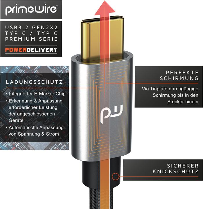 Image du produit Primewire Câble USB C 3.2 Gen 2x2, câble de charge PowerDelivery 100 watts, câble de données 20 Gbit/s, câble (2 m, USB 3.2, 100 W)