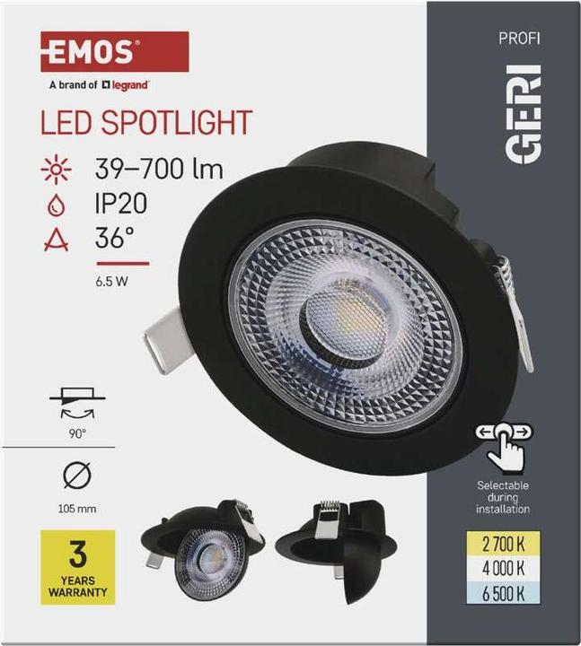Produktbild Emos LED-Deckenspot GERI 6,5W 780LM IP20 CCT schwarz (700 lm)