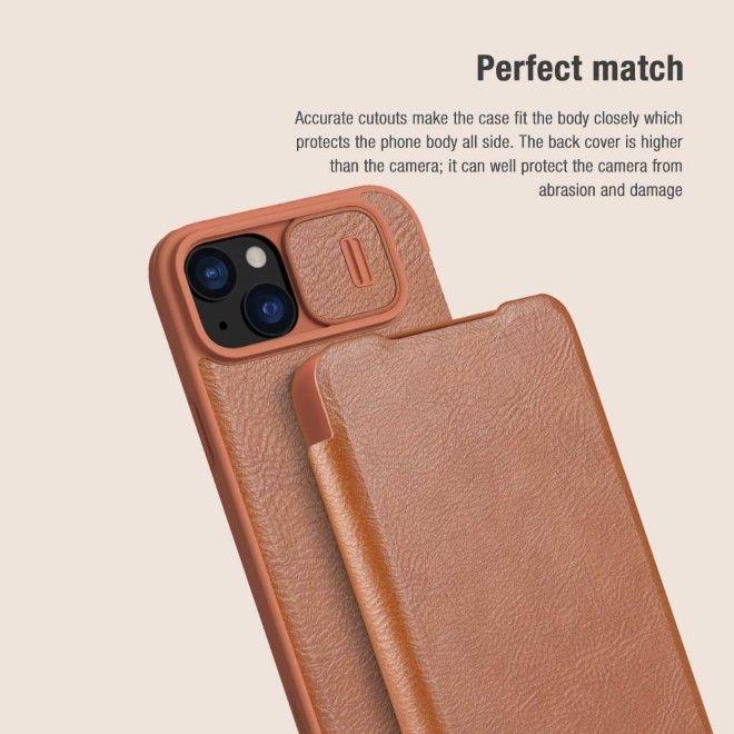 Actual product image Nillkin Qin Pro Leather Flip Camera Cover Case for iPhone 15 Plus - Brown (Apple iPhone 15 Plus)