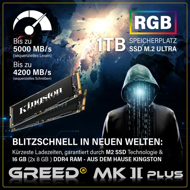 Produktbild Greed MK2 AMD PLUS - Gaming PC - RX 9060XT (1000 GB, 16 GB, AMD Ryzen 7 5700, Radeon RX 9060 XT)