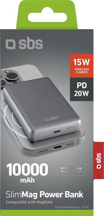 Immagine prodotto SBS Powerbank 10.000mAh PD 20W MagSafe 15W in alluminio (10000 mAh, 20 W, 37 Wh)